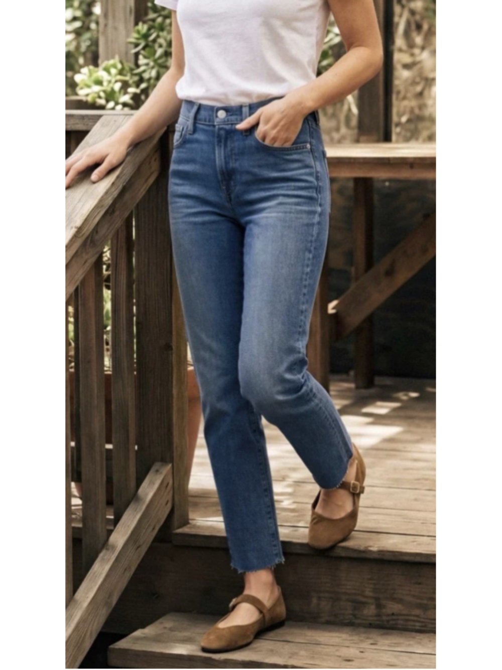 Edwin Womens Slim Straight Jeans 28x26 Blue Raw Hem Stretch $180